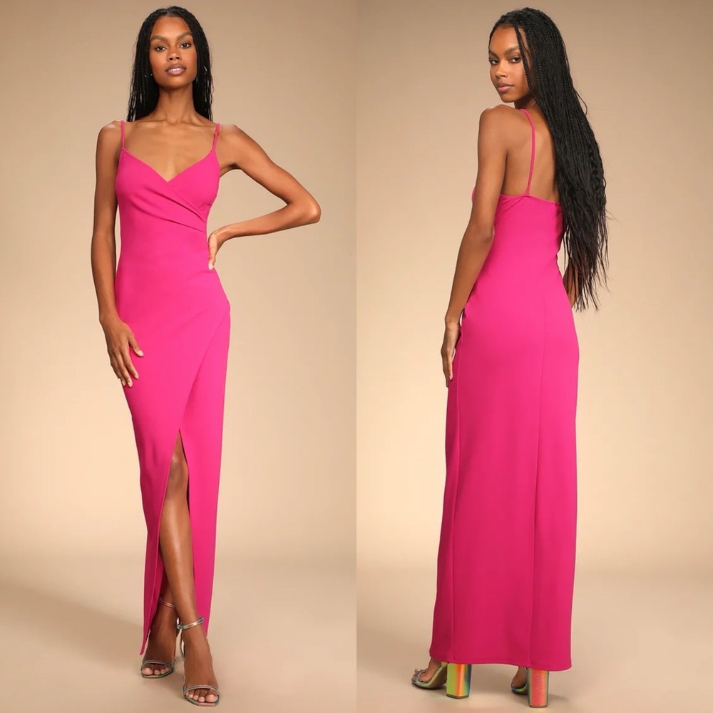 LULUS Sweetest Admirer Magenta Ruched Surplice Maxi Dress